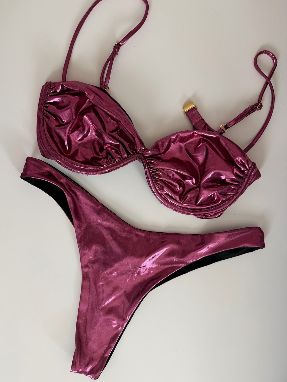 Naked Metallic Pink Brazilian Bikini Set | Designer Swimwear | Thong Bottom